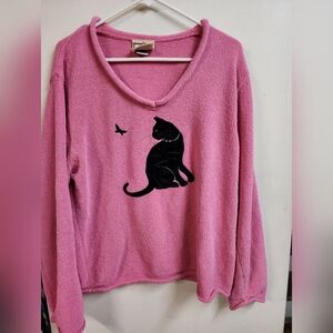 Top Stitch Pink Chenille Sweater w/ Black Cat Applique V-Neck XL